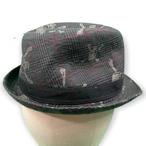 Scull and Crossbones Fedora Hat Gray Red Medium Goth - Picture 1 of 8
